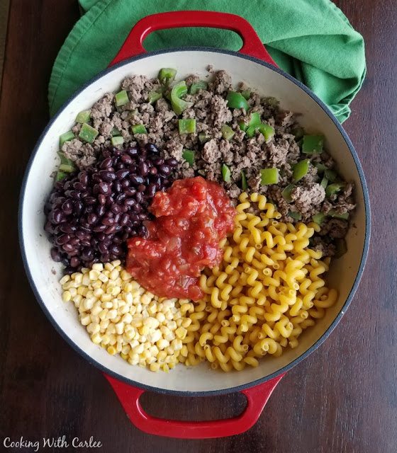One pot taco pasta ingredients ready to cook