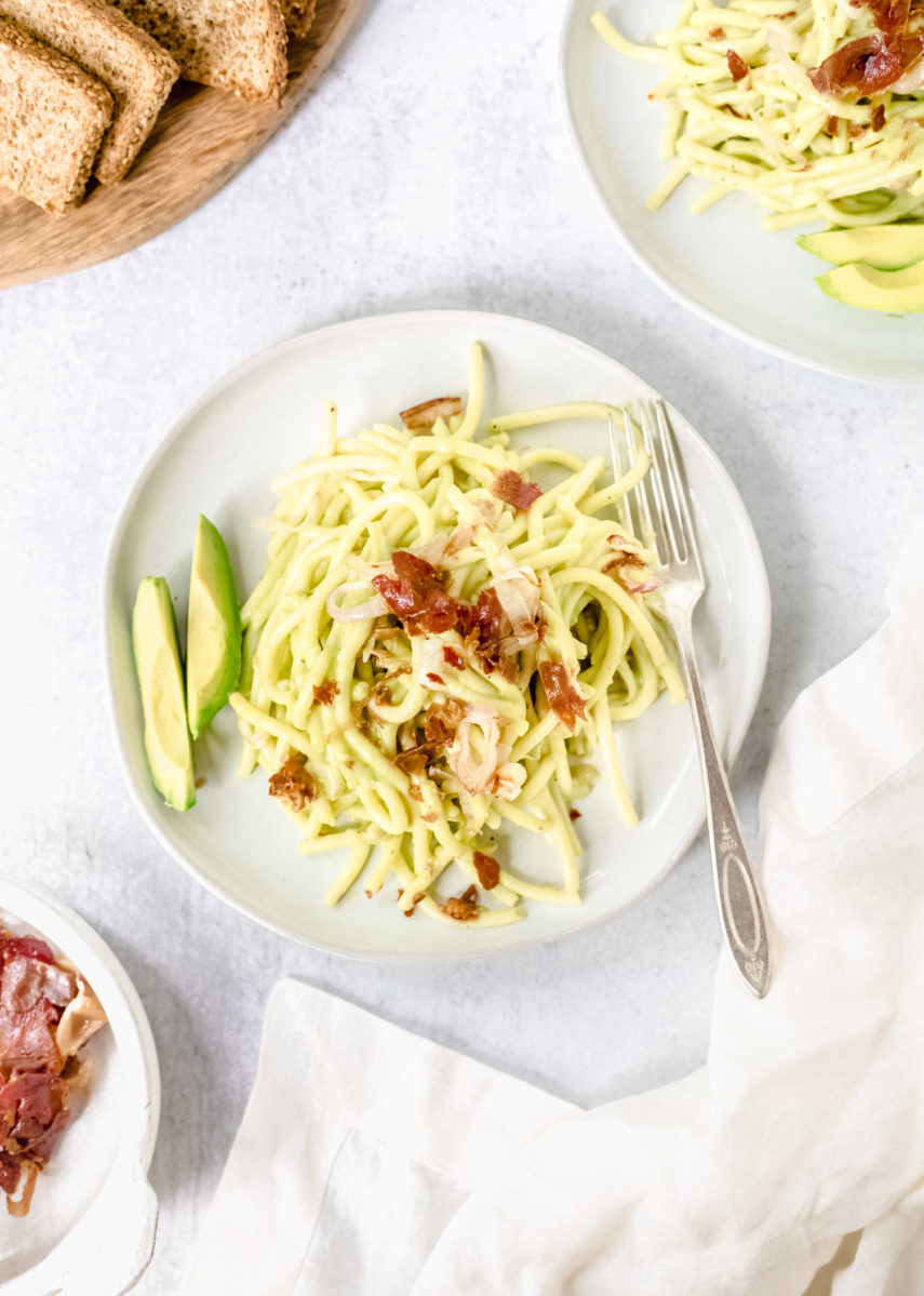 Avocado Bucatini with shallots and prosciutto