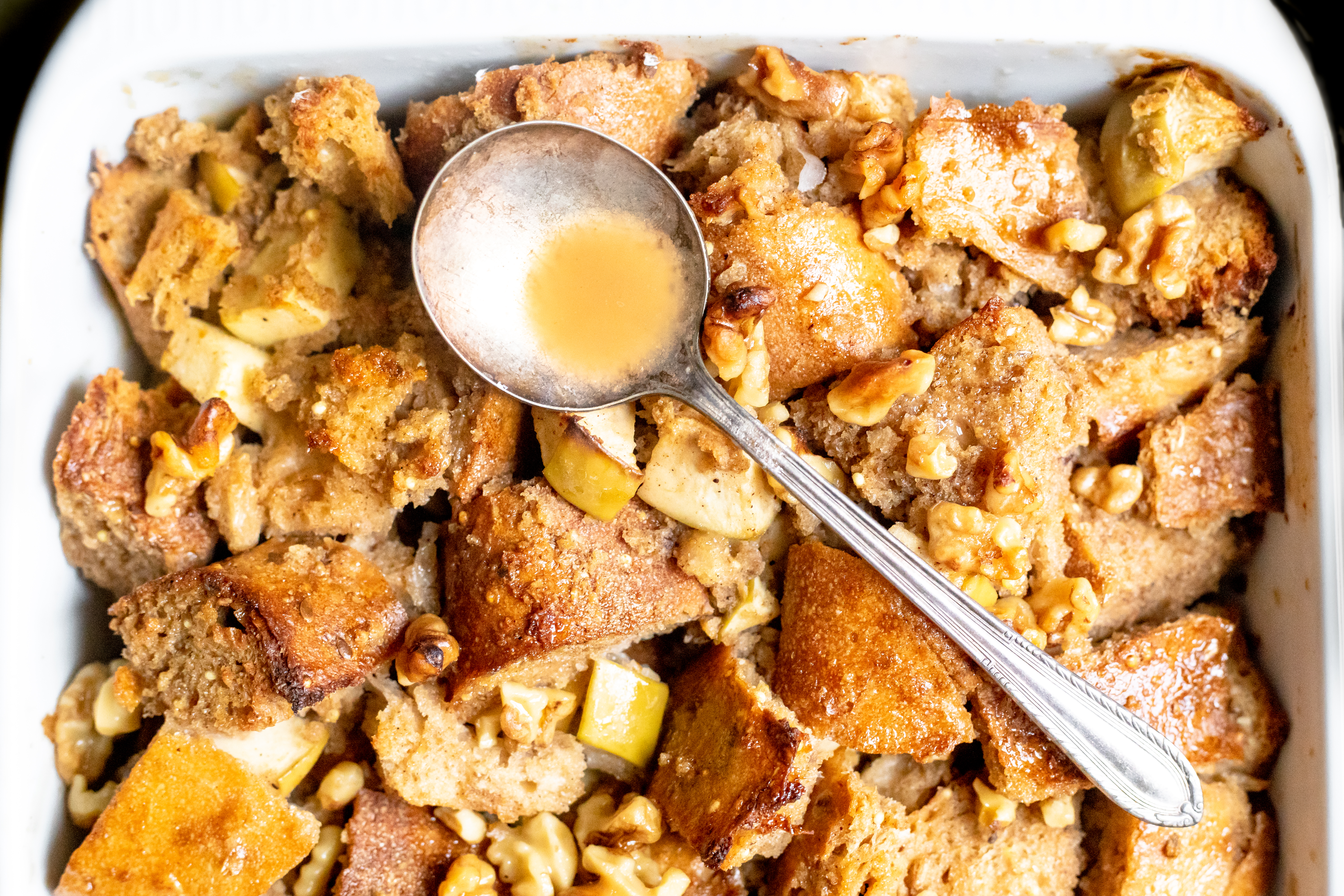 Apple Walnut Vegan Bread Pudding with Maple Bourbon Glaze