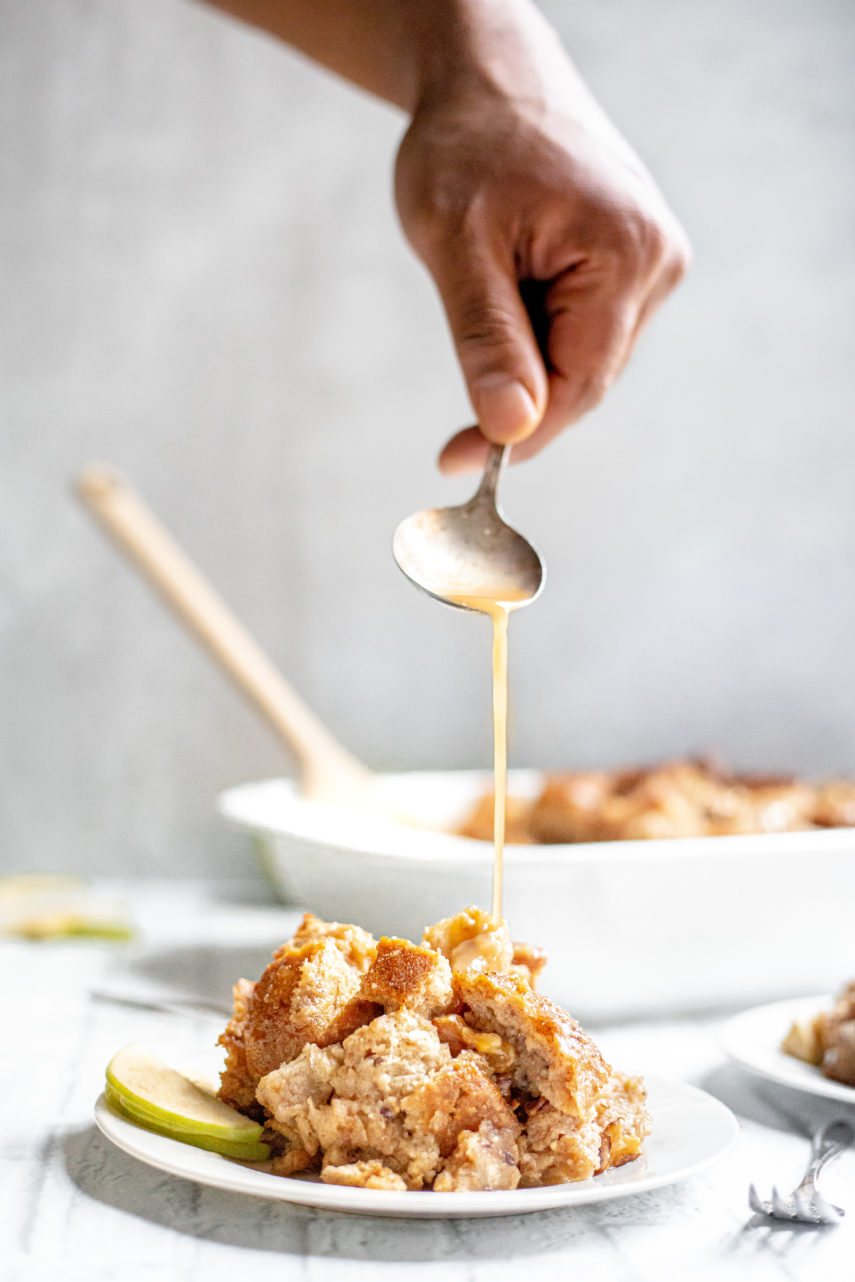 Apple Walnut Vegan Bread Pudding with Maple Bourbon Glaze