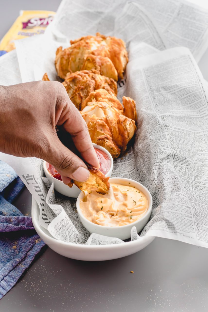 Easy Blooming Onion With Sylvia S Soulfood Crispy Fried Chicken Mix Rosalynn Daniels