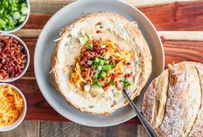 quick and easy one pot cheeseburger soup with bacon potatoes in a bread bowl
