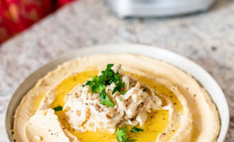 lemon hummus with butter poached crab
